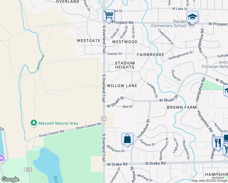 map of restaurants, bars, coffee shops, grocery stores, and more near 2960 West Stuart Street in Fort Collins