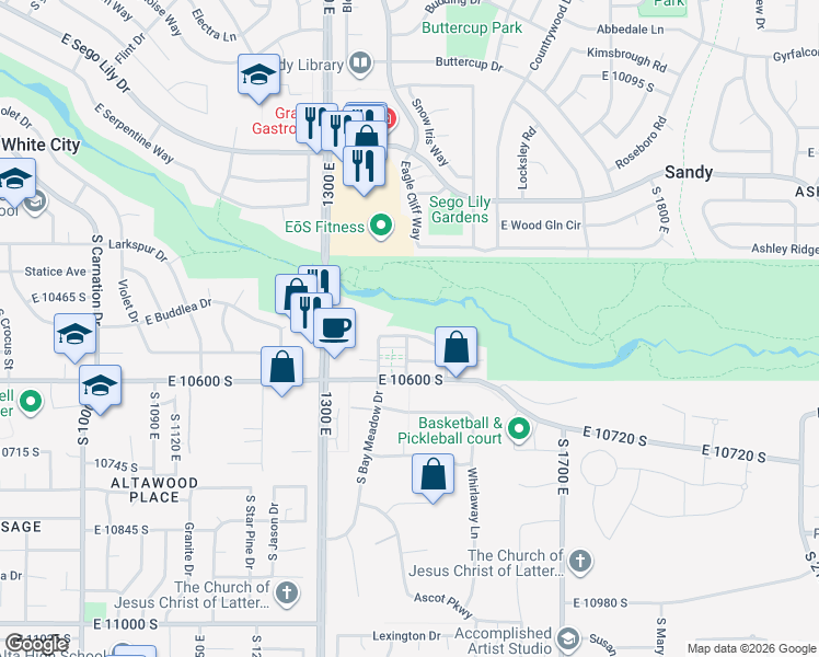 map of restaurants, bars, coffee shops, grocery stores, and more near 1405 East 10600 South in Sandy