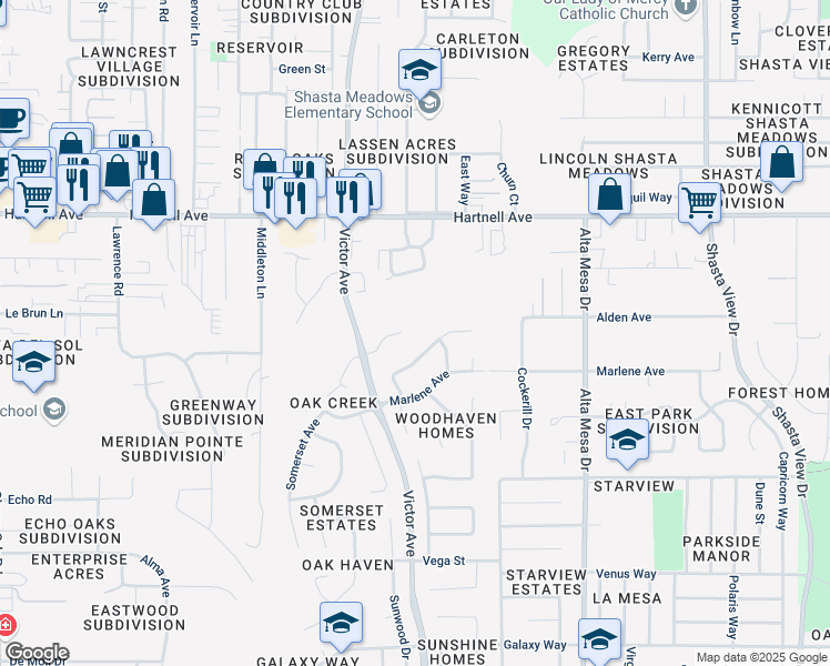map of restaurants, bars, coffee shops, grocery stores, and more near 1873 Conifer Way in Redding