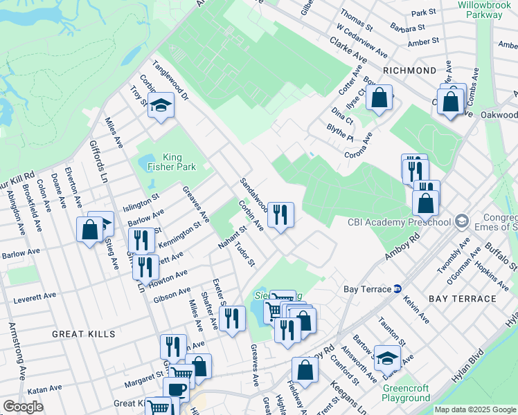 map of restaurants, bars, coffee shops, grocery stores, and more near 190 Sandalwood Drive in Staten Island