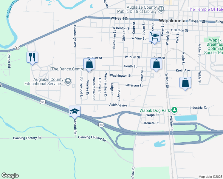 map of restaurants, bars, coffee shops, grocery stores, and more near 1037 Ridge Street in Wapakoneta