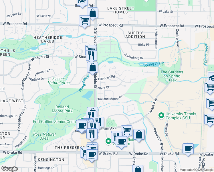 map of restaurants, bars, coffee shops, grocery stores, and more near 974 Shire Court in Fort Collins