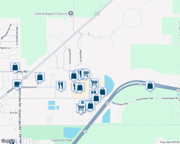 map of restaurants, bars, coffee shops, grocery stores, and more near 2077 Irmscher Boulevard in Celina