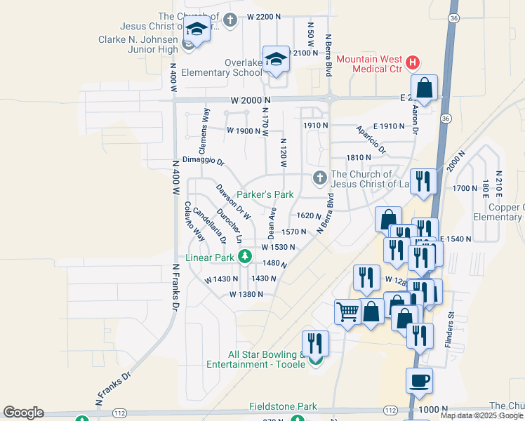 map of restaurants, bars, coffee shops, grocery stores, and more near 173 Dimaggio Drive in Tooele