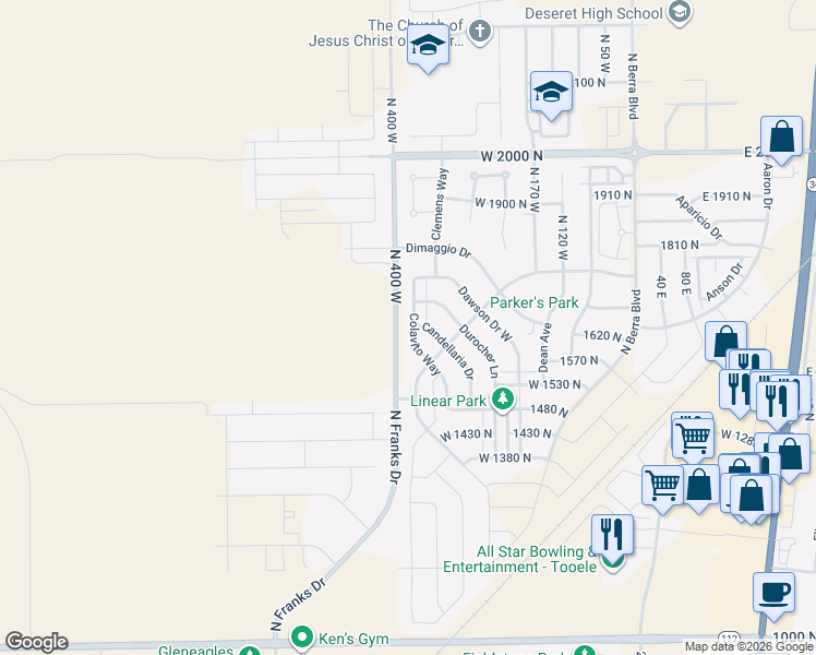 map of restaurants, bars, coffee shops, grocery stores, and more near 1645 Colavito Way in Tooele