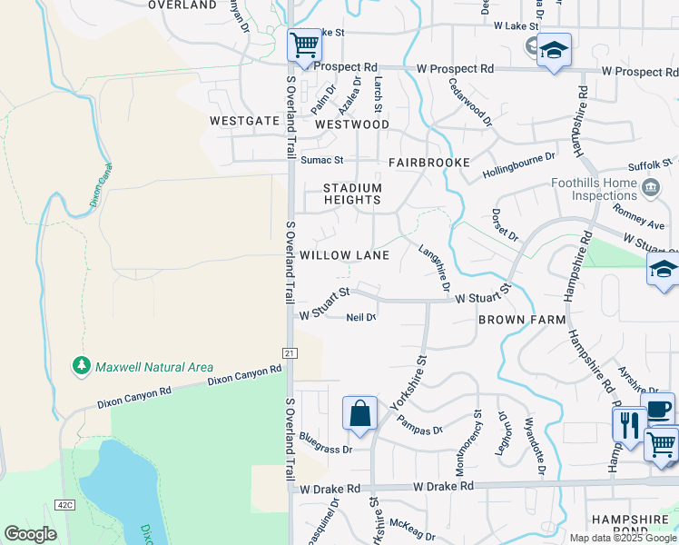 map of restaurants, bars, coffee shops, grocery stores, and more near 2960 West Stuart Street in Fort Collins