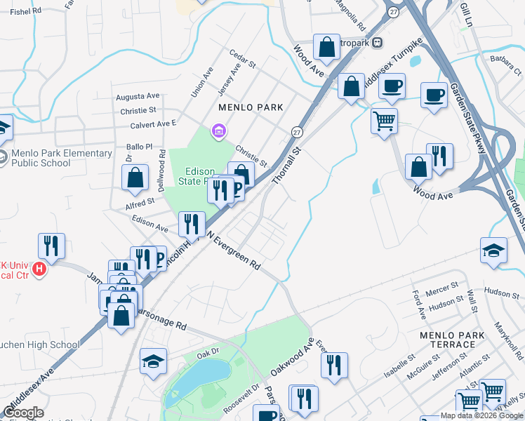 map of restaurants, bars, coffee shops, grocery stores, and more near 343 Thornall Street in Edison