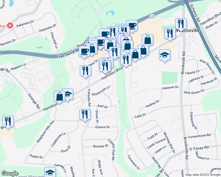map of restaurants, bars, coffee shops, grocery stores, and more near 5532 Stonecroft Lane in Allentown