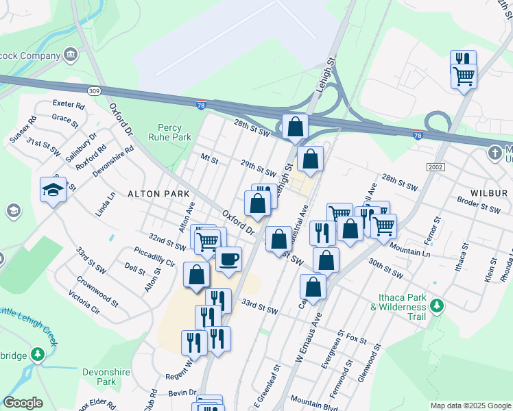 map of restaurants, bars, coffee shops, grocery stores, and more near 2958 Moravian Avenue in Allentown