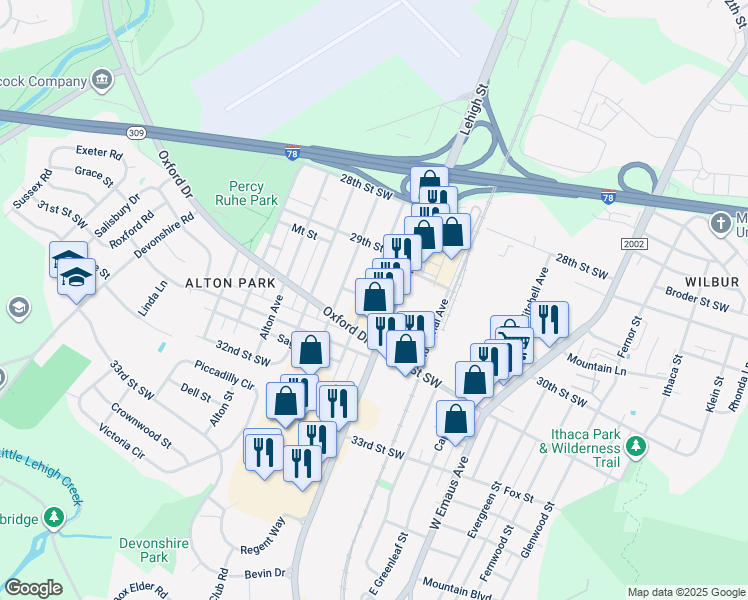 map of restaurants, bars, coffee shops, grocery stores, and more near 2958 Moravian Avenue in Allentown