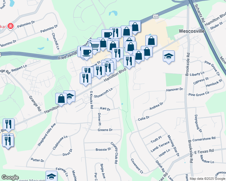 map of restaurants, bars, coffee shops, grocery stores, and more near 5532 Stonecroft Lane in Allentown