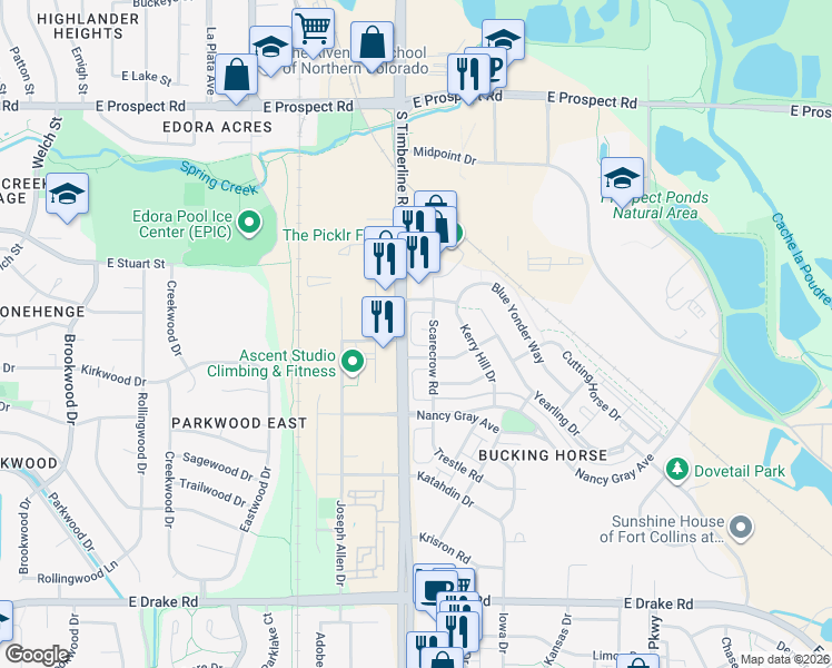 map of restaurants, bars, coffee shops, grocery stores, and more near 2102 Sandbur Drive in Fort Collins