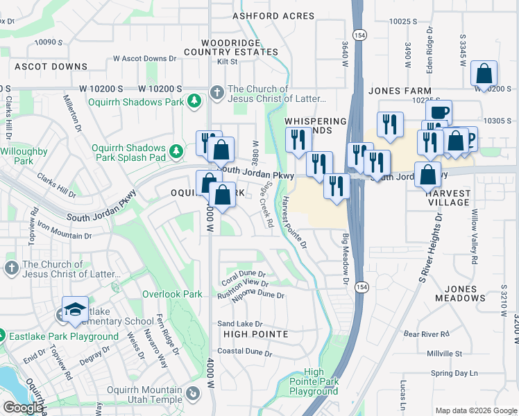 map of restaurants, bars, coffee shops, grocery stores, and more near 3878 Sage Willow Drive in South Jordan