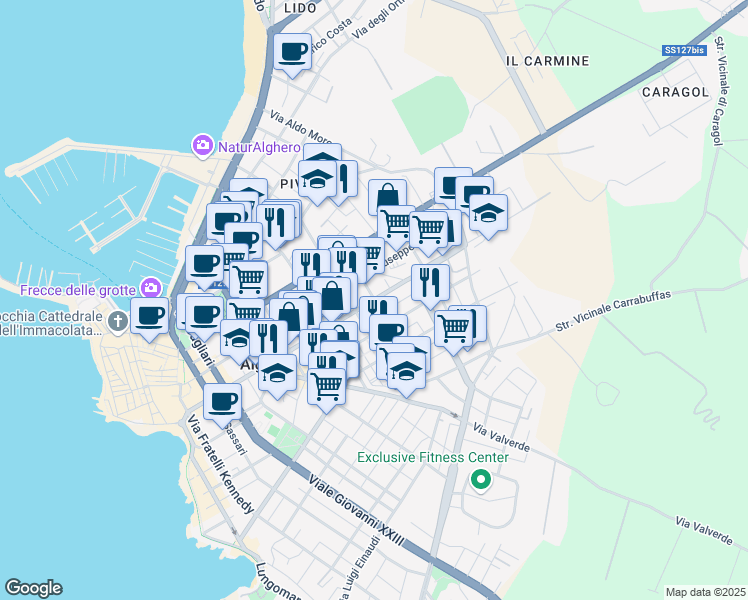 map of restaurants, bars, coffee shops, grocery stores, and more near 153 Via XX Settembre in Alghero