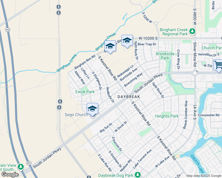 map of restaurants, bars, coffee shops, grocery stores, and more near 5288 West Bowstring Way in South Jordan