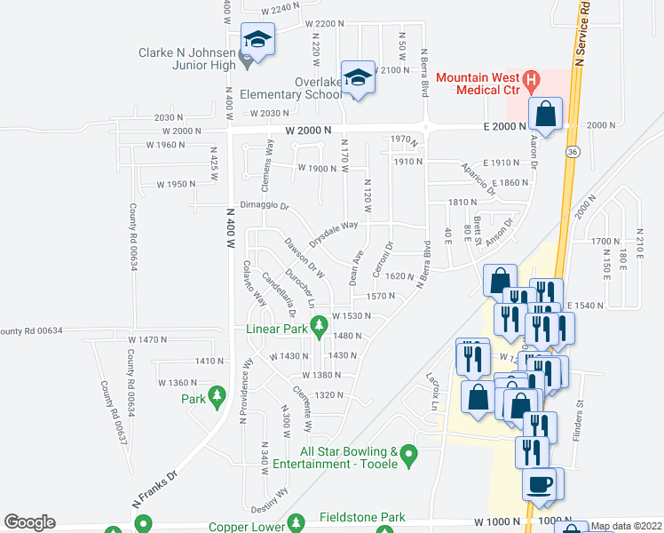 map of restaurants, bars, coffee shops, grocery stores, and more near 1624 Dawson Drive West in Tooele