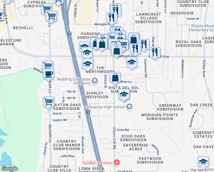 map of restaurants, bars, coffee shops, grocery stores, and more near 3270 Churn Creek Road in Redding