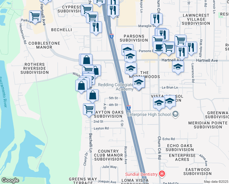 map of restaurants, bars, coffee shops, grocery stores, and more near 1113 5th Street in Redding