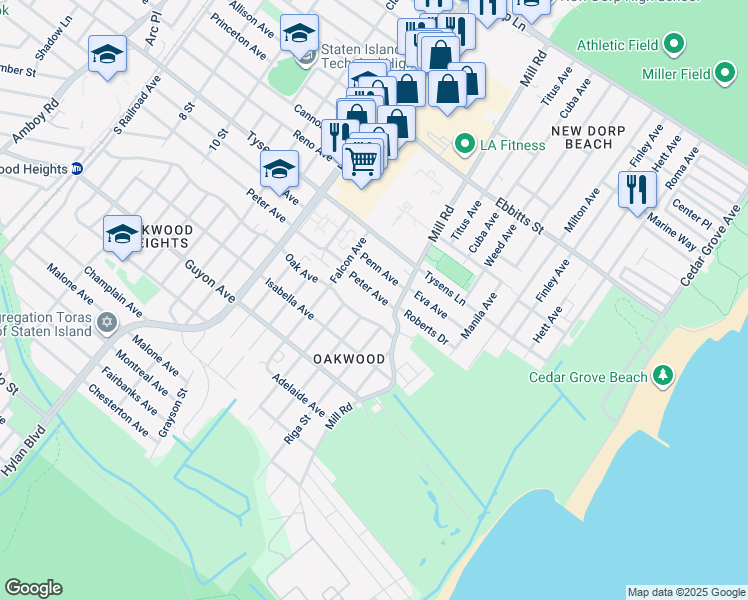 map of restaurants, bars, coffee shops, grocery stores, and more near 373 Mill Road in Staten Island