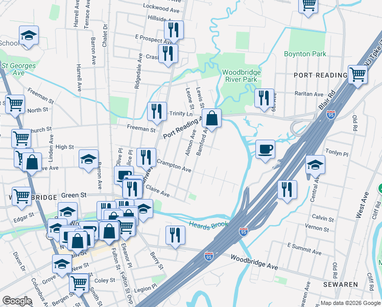 map of restaurants, bars, coffee shops, grocery stores, and more near 561 Bamford Avenue in Woodbridge Township