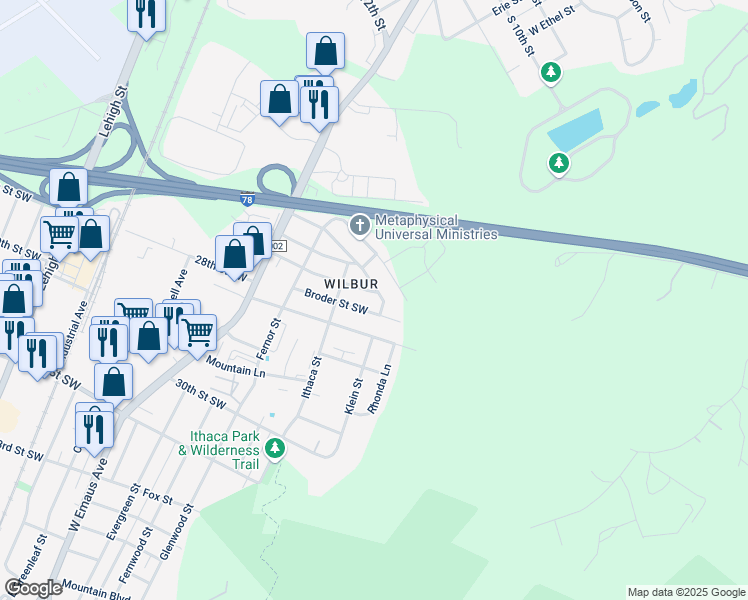 map of restaurants, bars, coffee shops, grocery stores, and more near 2645 Broder Street Southwest in Allentown