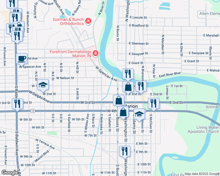 map of restaurants, bars, coffee shops, grocery stores, and more near 222 West 2nd Street in Marion