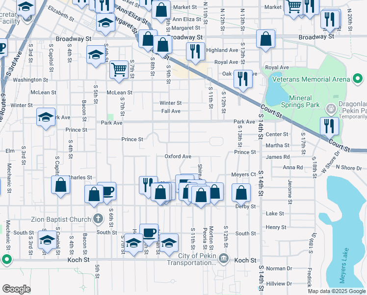 map of restaurants, bars, coffee shops, grocery stores, and more near 909 Oxford Avenue in Pekin