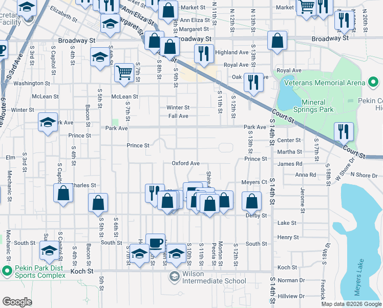 map of restaurants, bars, coffee shops, grocery stores, and more near 909 Oxford Avenue in Pekin