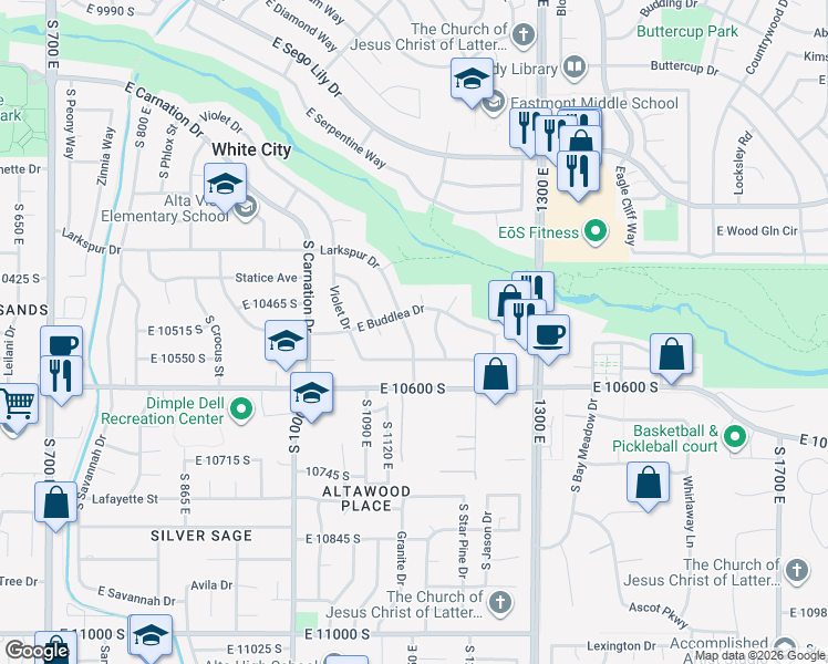 map of restaurants, bars, coffee shops, grocery stores, and more near 10517 Larkspur Drive in Sandy
