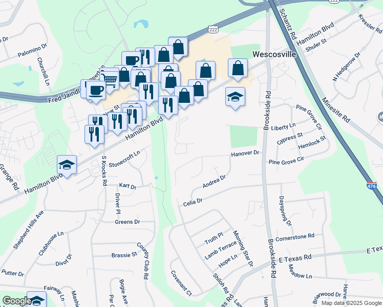map of restaurants, bars, coffee shops, grocery stores, and more near 1037 Village Round in Allentown
