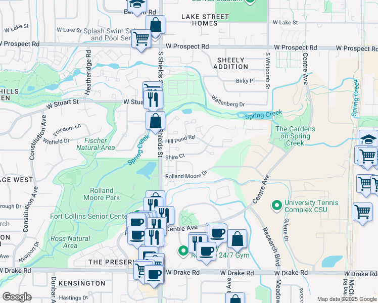 map of restaurants, bars, coffee shops, grocery stores, and more near 960 Shire Court in Fort Collins
