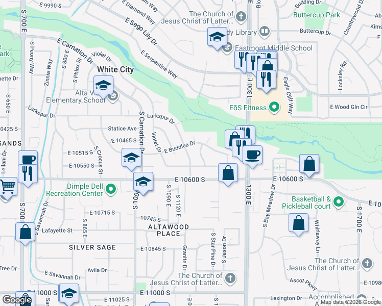 map of restaurants, bars, coffee shops, grocery stores, and more near 10517 Larkspur Drive in Sandy