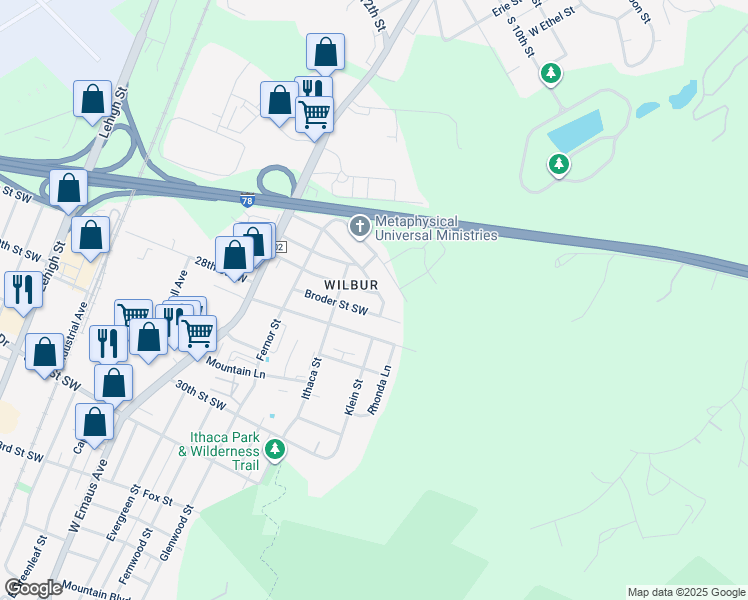 map of restaurants, bars, coffee shops, grocery stores, and more near 2645 Broder Street Southwest in Allentown