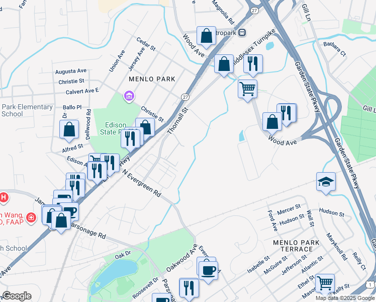 map of restaurants, bars, coffee shops, grocery stores, and more near 333 Thornall Street in Edison