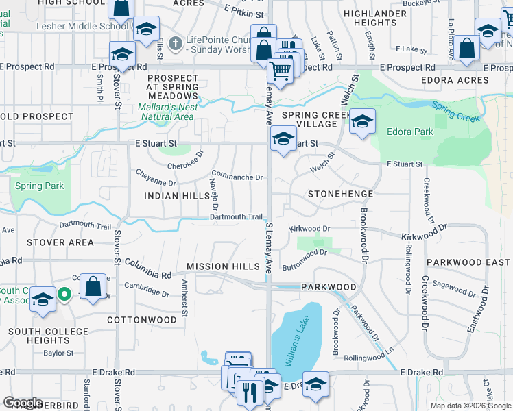 map of restaurants, bars, coffee shops, grocery stores, and more near 1925 South Lemay Avenue in Fort Collins