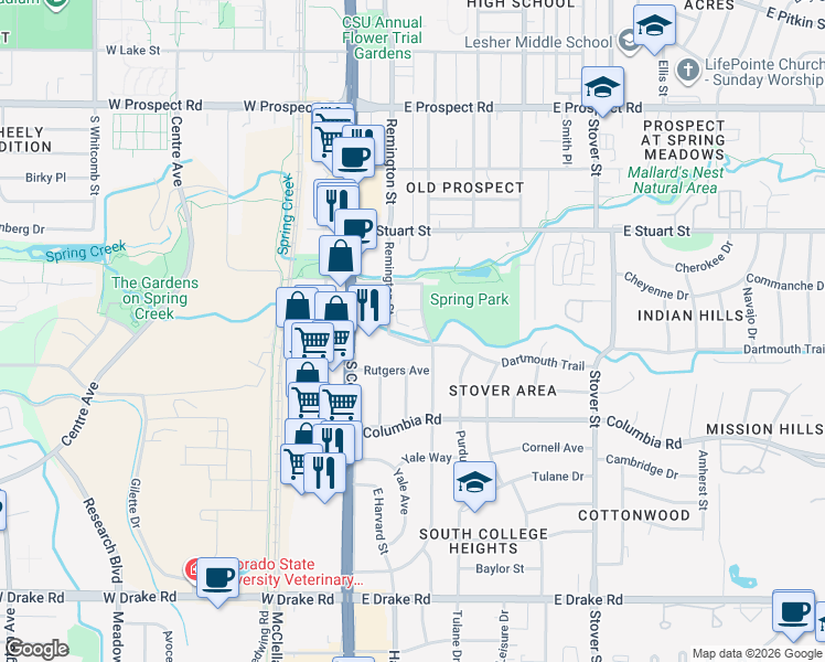 map of restaurants, bars, coffee shops, grocery stores, and more near 125 Dartmouth Trail in Fort Collins