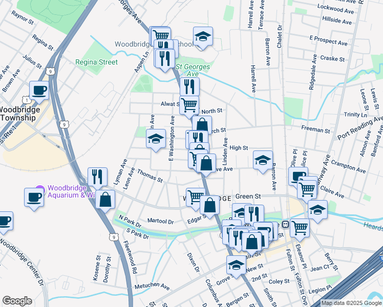 map of restaurants, bars, coffee shops, grocery stores, and more near 208 Campbell Street in Woodbridge Township