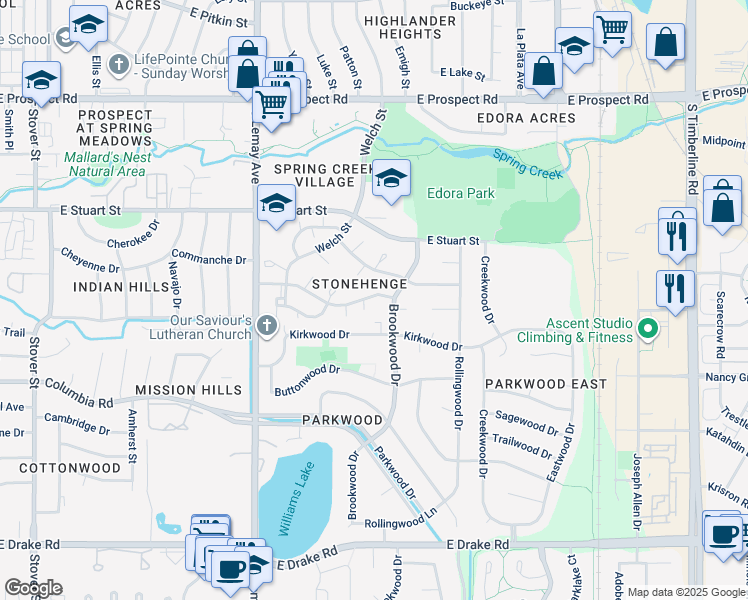 map of restaurants, bars, coffee shops, grocery stores, and more near 2025 Brookwood Drive in Fort Collins