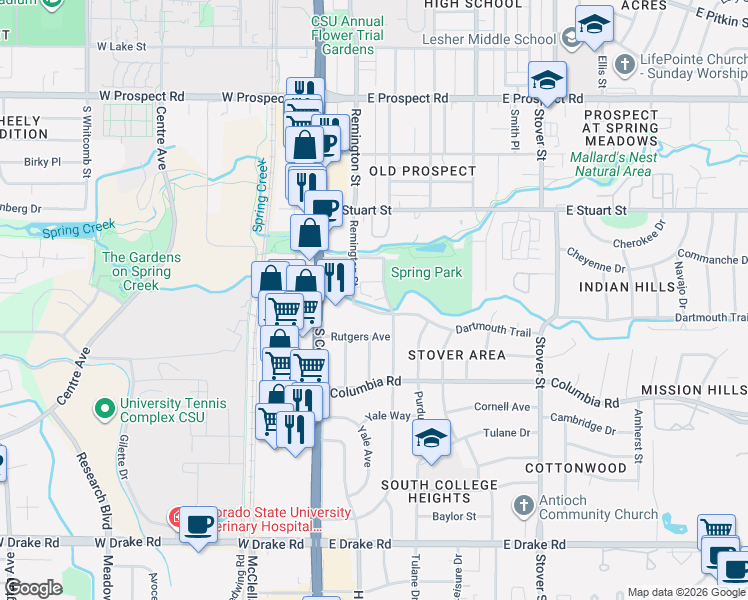 map of restaurants, bars, coffee shops, grocery stores, and more near 125 Dartmouth Trail in Fort Collins