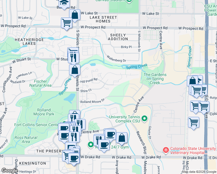 map of restaurants, bars, coffee shops, grocery stores, and more near 801 Chetwood Court in Fort Collins