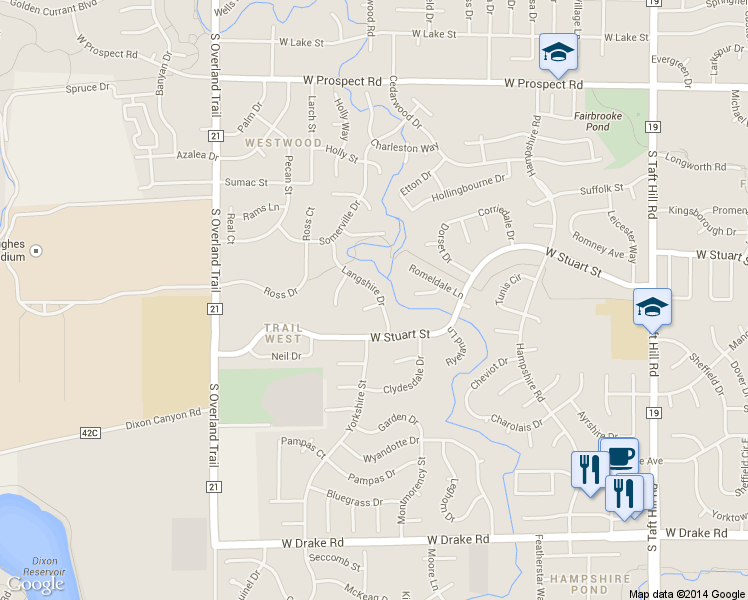 map of restaurants, bars, coffee shops, grocery stores, and more near 2713 Lamona Court in Fort Collins