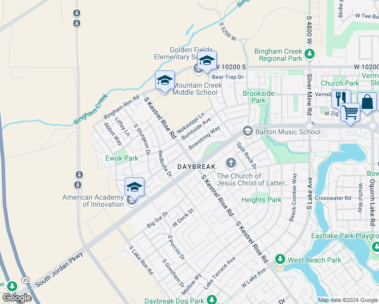 map of restaurants, bars, coffee shops, grocery stores, and more near 10542 Kestrel Rise Road in South Jordan