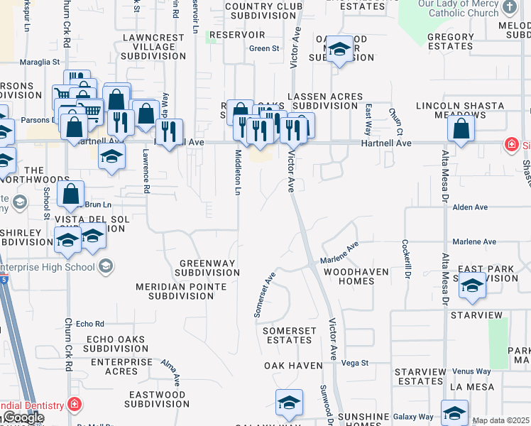 map of restaurants, bars, coffee shops, grocery stores, and more near 1505 Bramble Place in Redding