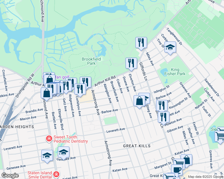 map of restaurants, bars, coffee shops, grocery stores, and more near 395 Abingdon Avenue in Staten Island