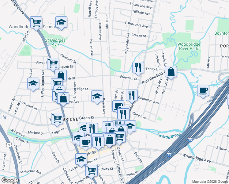 map of restaurants, bars, coffee shops, grocery stores, and more near 528 Olive Place in Woodbridge Township