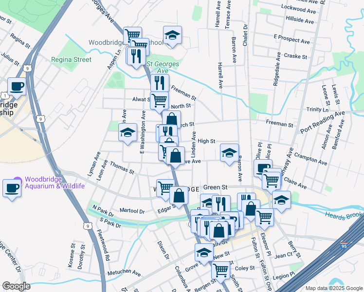 map of restaurants, bars, coffee shops, grocery stores, and more near 161 Dunham Place in Woodbridge Township