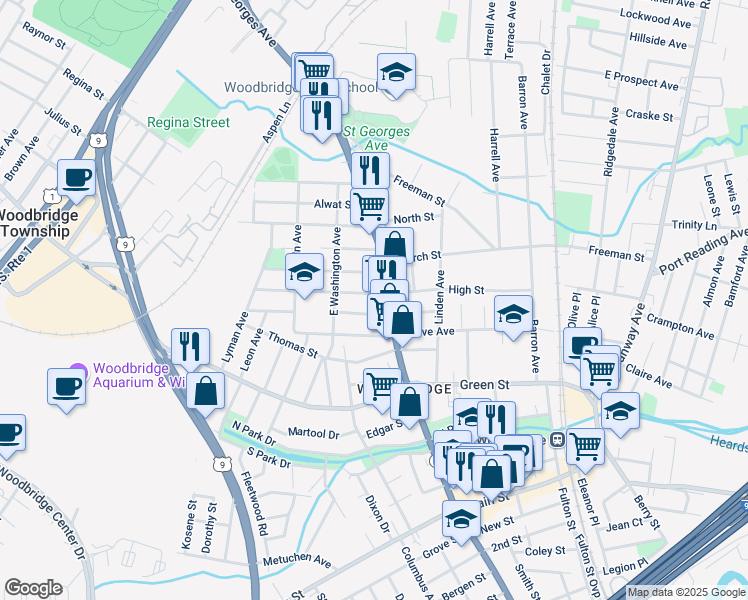 map of restaurants, bars, coffee shops, grocery stores, and more near 208 Campbell Street in Woodbridge Township