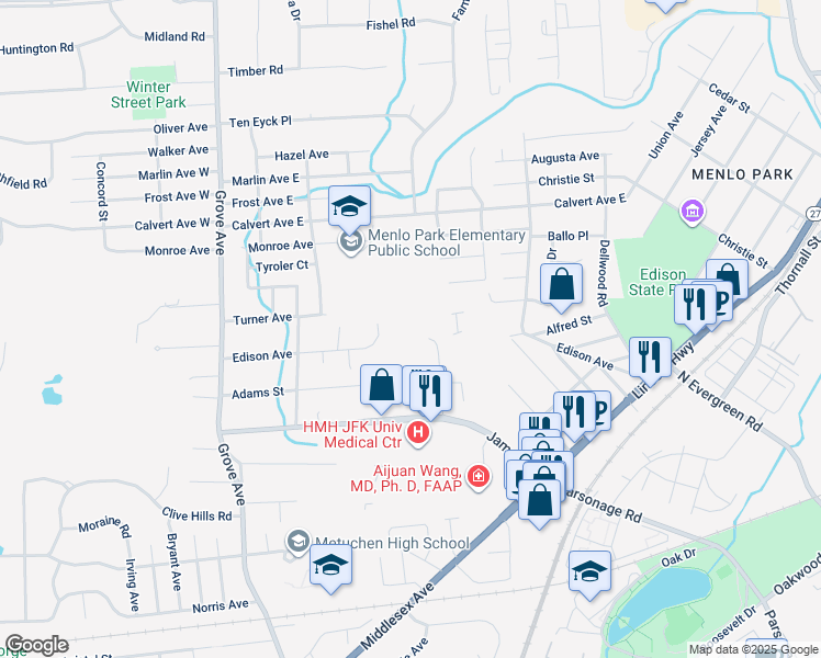map of restaurants, bars, coffee shops, grocery stores, and more near 62 James Street in Edison