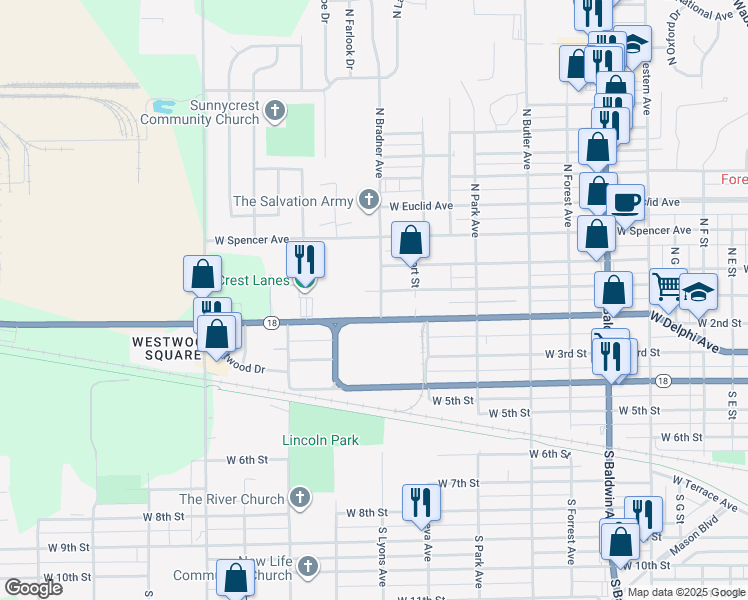 map of restaurants, bars, coffee shops, grocery stores, and more near 1908 West 2nd Street in Marion