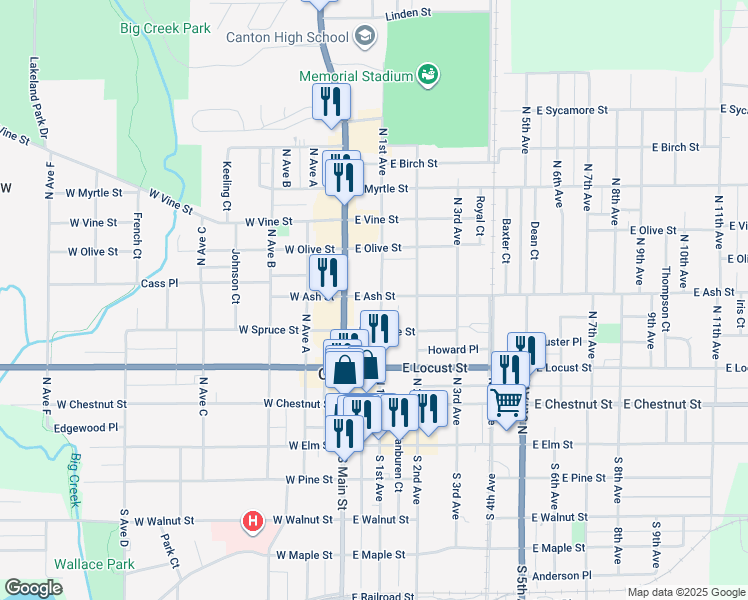 map of restaurants, bars, coffee shops, grocery stores, and more near 327 North Main Street in Canton